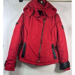 Ventiuno Red Ski Winter Jacket Moto Zipped Hood‎ Leather Trims Medium